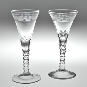 A Pair Early 19th Century Engraved Facet Cut Stem Wine Glasses c1800