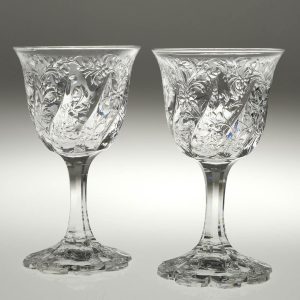 A Pair of Rare Signed J Palme Engraved Rock Crystal Wine Glasses for Thomas Webb c1905