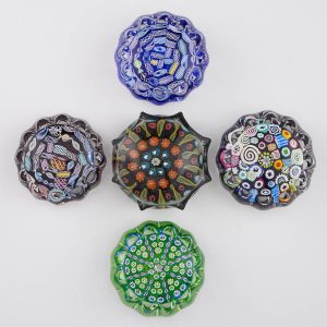 A Set of Five Scottish Moulded John Deacons Vasart Paperweights c1990