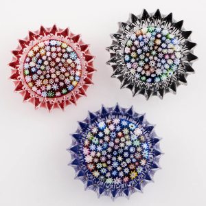 Three Peter McDougal Closepack Millefiori Mould Back Paperweights c2005