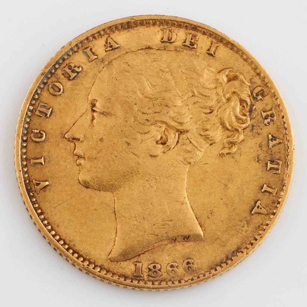Victoria Gold Full Sovereign, Young Head Shield Back Type, Die Number 73, 1866