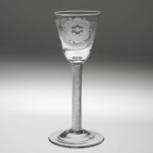 A Jacobite Engraved Single Bud Air Twist Stem Wine Glass c1750 Engraver D