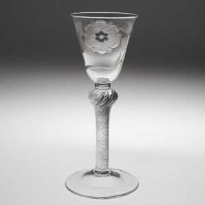 Single Bud Jacobite Engraved Composite Stem Wine Glass Engraver E c1750