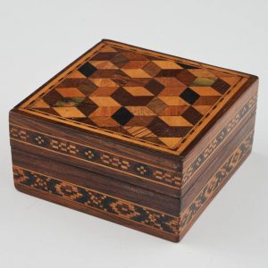 Tunbridge Ware Square Trinket Box with Isometric Cubes Mosaic c1880