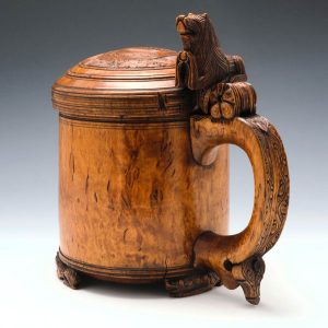 Very Large 18th Century Carved Burr Wood Ceremonial Lion Peg Tankard Norway