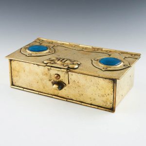 Arts & Crafts Brass 'Cash Box'  With Blue Roundels c1900