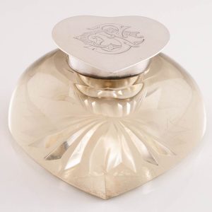 A Heart Shaped Sterling Silver and Glass Inkwell London 1898