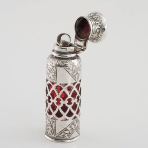 Sterling Silver Hinged Top and Ruby Glass Perfume Bottle Birmingham 1903
