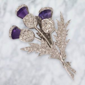 Thistle Form 18ct White Gold Diamond and Amethyst Brooch