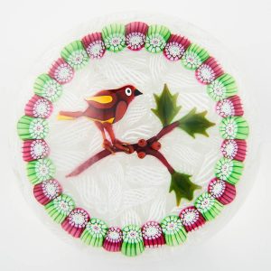 A John Deacons Lampwork Bird On A Holly Branch  Paperweight  2004