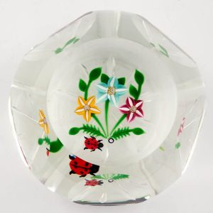 A John Deacons Lampwork Ladybird and Millefiori Flower Facet Cut Paperweight c2005