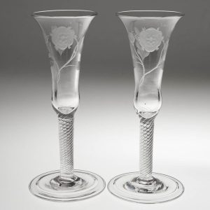 Pair of 20th Century Georgian Style Jacobite Engraved Champagne Flutes c1935