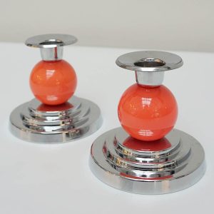 Pair Art Deco Tangerine Bakelite and Chrome Candlesticks c1935