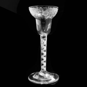 Engraved 18th Century Pan Top Air Twist Wine Glass c1750