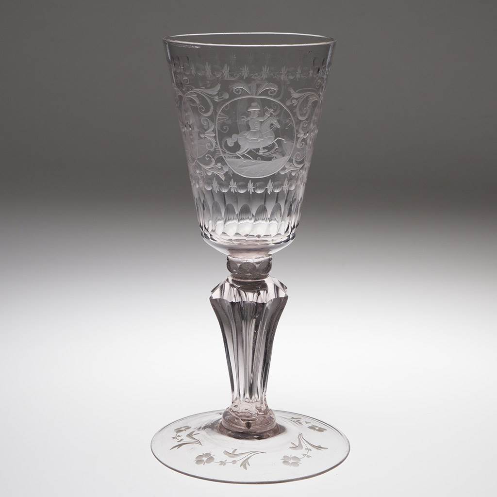 A Rococo Engraved Eight Sided Moulded Stem Goblet c1750 Rococo Engraved Eight Sided Pedestal Stem Goblet c1750