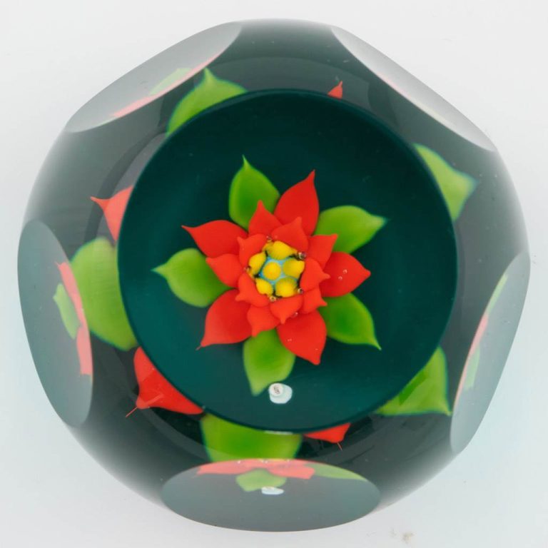 William Manson Lampwork Poinsettia Traditional Collection Caithness Paperweight 1995