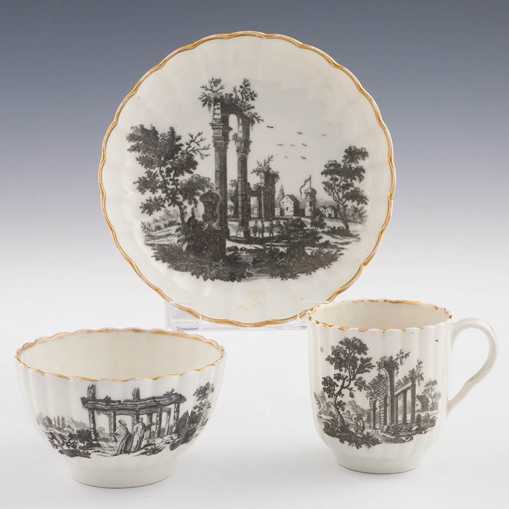 Worcester Porcelain Trio Transfer Printed Ruins Pattern c1770