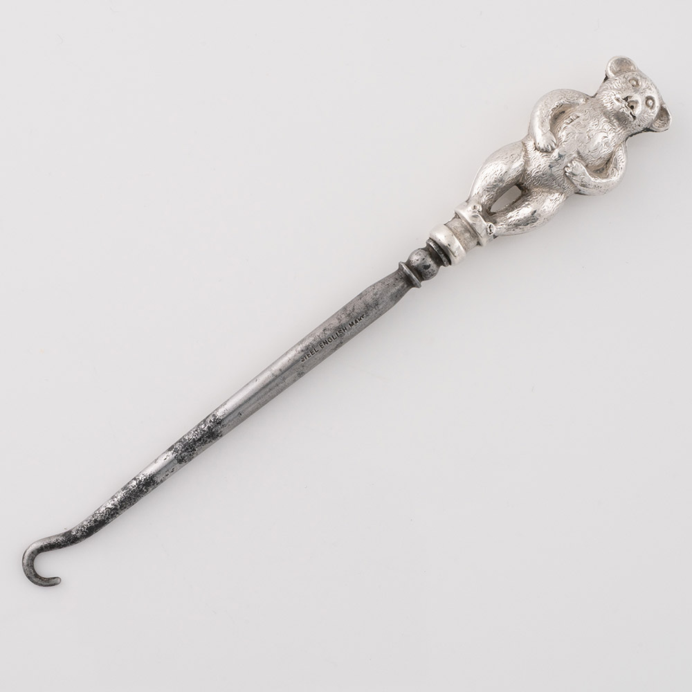 Antique Button Hook with Silver Teddy Bear Birmingham 1909