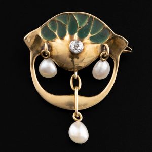 Art Nouveau Gold & Plique a Jour Brooch by Murrle Bennett