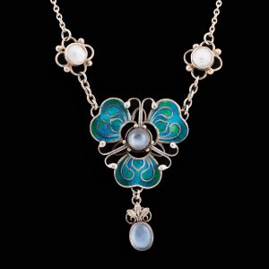 Arts and Crafts Necklace - Silver Enamel and Moonstone c1910