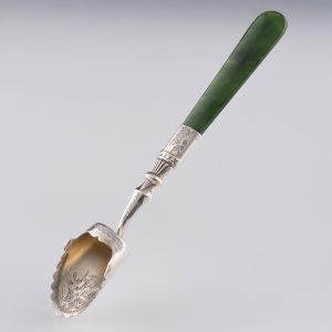 American Silver Caddy Spoon with Moss Agate Handle c1910