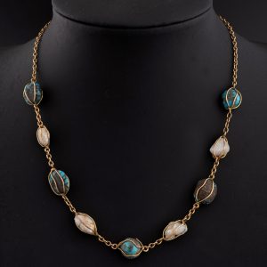 Arts and Crafts Jewellery Gold Turquoise and Pearl Necklace