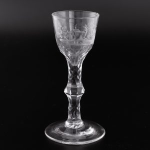 Engraved Georgian Wine Glass with Facet Cut Stem c1780