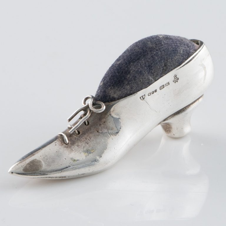 Novelty Silver Pin Cushion Formed as a Heeled Shoe 1990