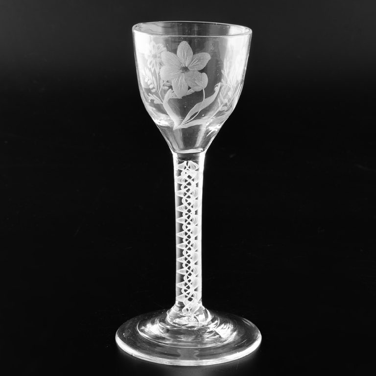 Engraved Georgian Wine Glass with Opaque Twist Stem c1760