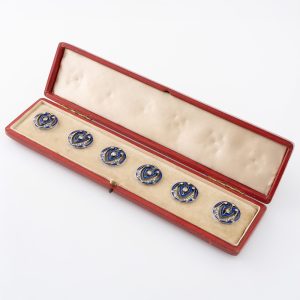 Six Silver Enamel and Diamonte Buttons - Probably French