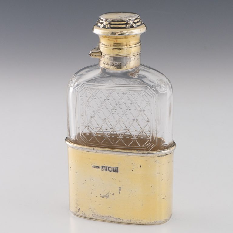 Asprey Silver Gilt and Glass Hip Flask London 1907